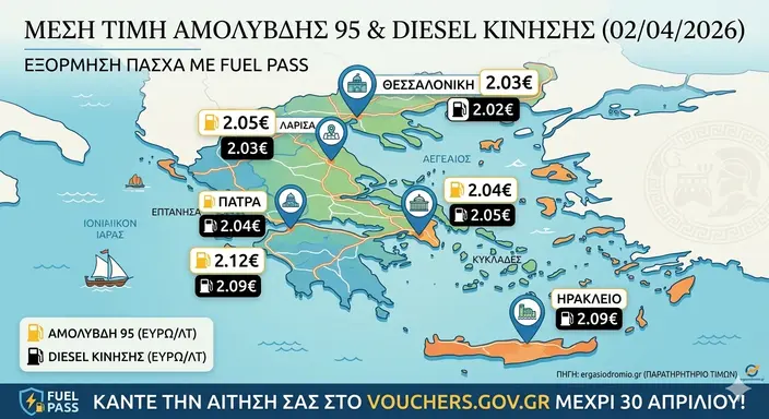 Χάρτης της Ελλάδας με τη μέση τιμή καυσίμων στην Ελλάδα σήμερα με σκοπό την ενημέρωση για το fuel pass 2026